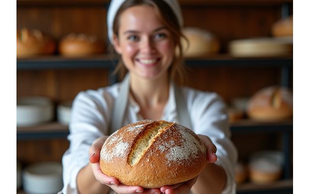 Baker Emily from The Daily Loaf holding a freshly baked sourdough bread.