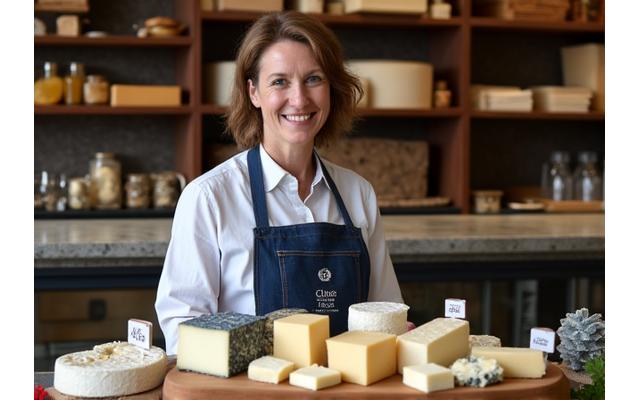 Cheesemonger Helen from Norfolk Dairy Delights showcasing a selection of artisanal cheeses.