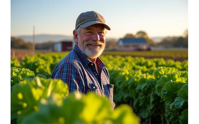 Farmer John from Green Acres Farm standing in a vibrant green field.