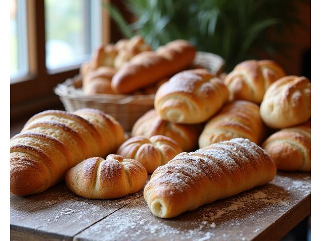Artisan bread and pastries on a wooden table