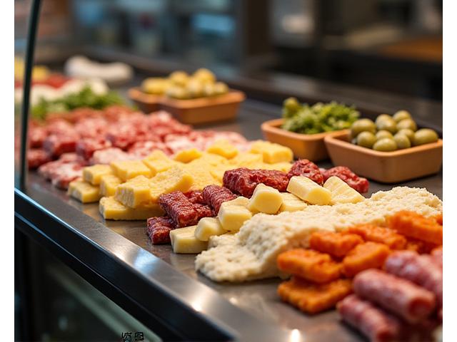 Gourmet cheeses and cured meats at a deli counter