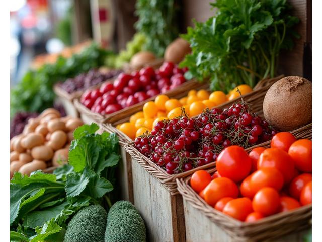Abundant display of farm fresh fruits and vegetables