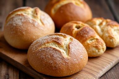 Selection of artisan breads and pastries on a wooden board
