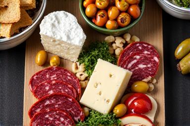 Gourmet deli platter with various cheeses, meats, and olives