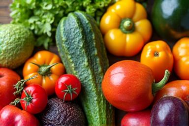 Assortment of fresh, colorful fruits and vegetables