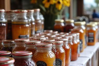 Table display of various local artisan products like jams, honey, and crafts