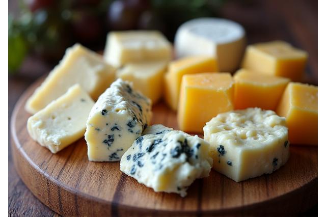Assortment of artisan cheeses on a wooden board
