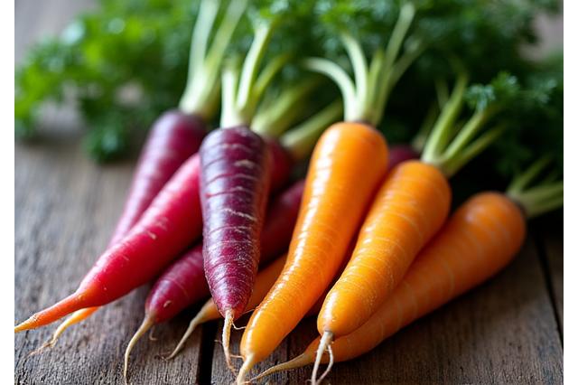 Bunches of vibrant organic rainbow carrots