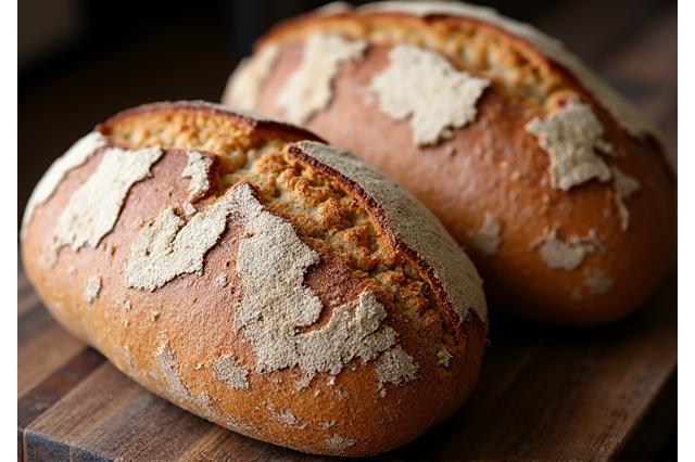 Two crusty loaves of freshly baked sourdough bread